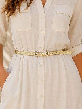 Hyde Collection Metallic Gold Leather Skinny Waist Belt Silver Ring M